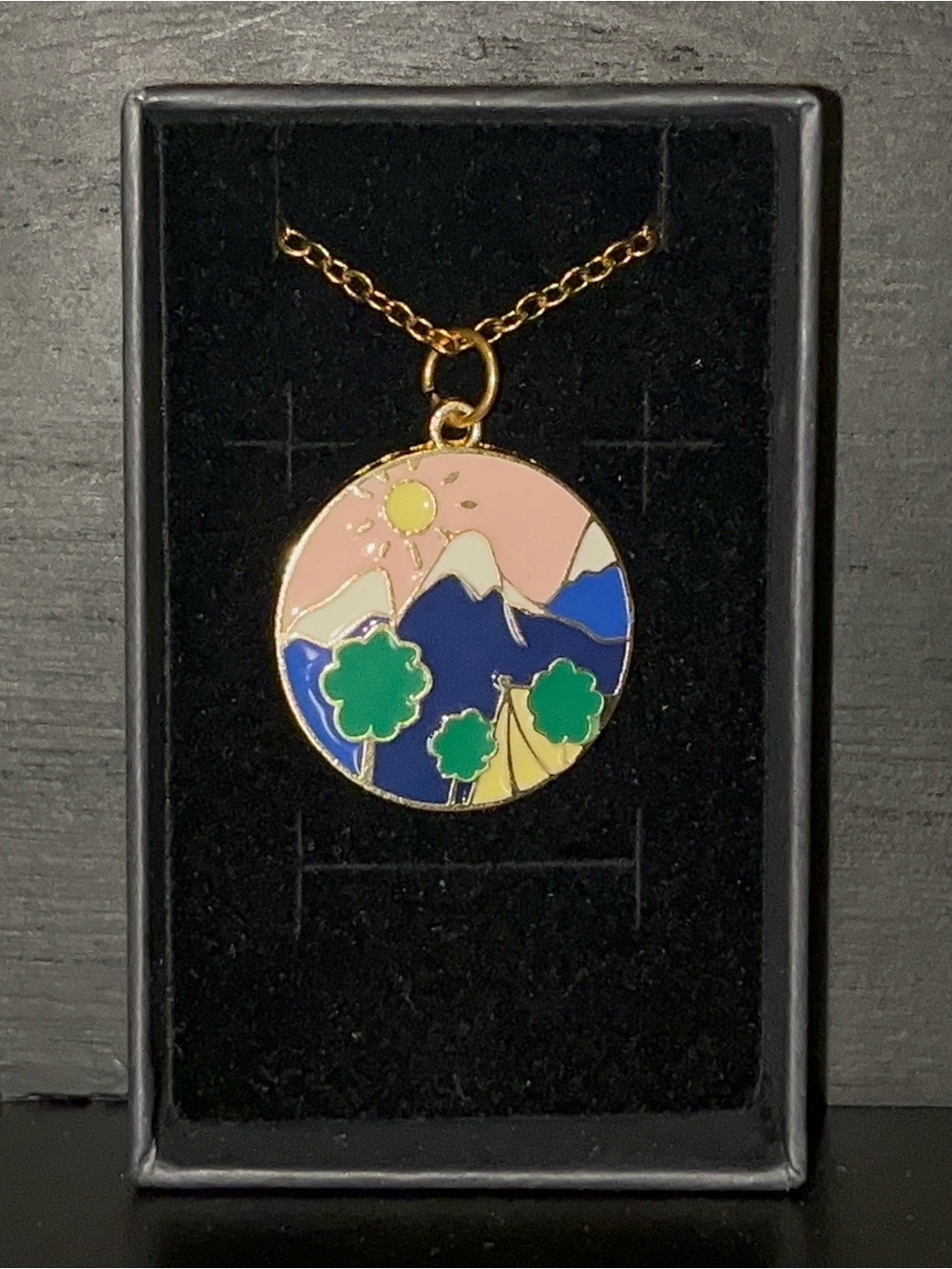 Gold-Tone Enamel Scenic Pendant Necklace in Pink, Blue & Green